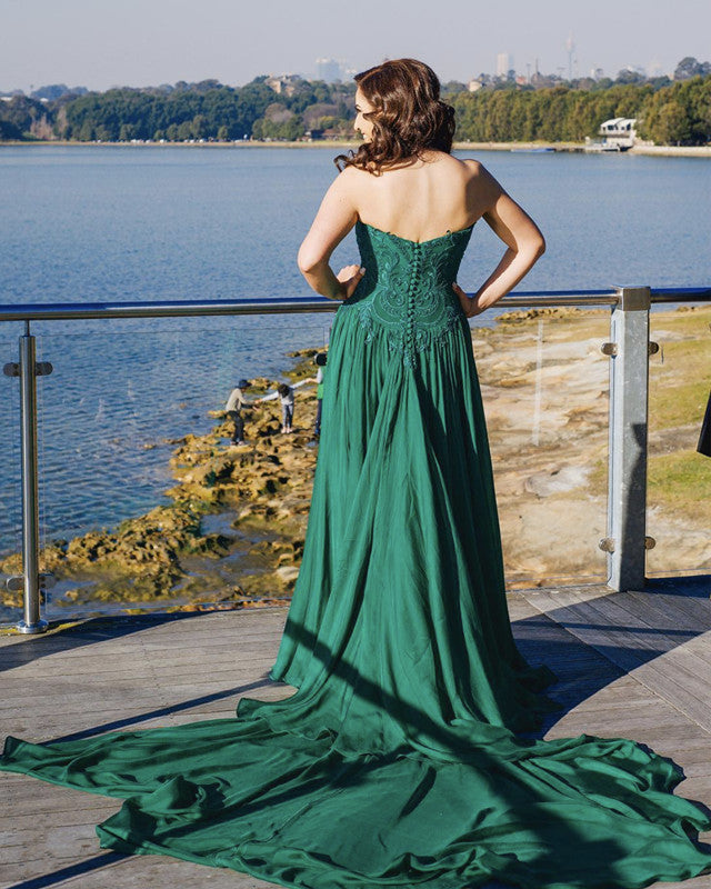 Strapless Lace Appliques Split Bridesmaid Dresses Chiffon Long