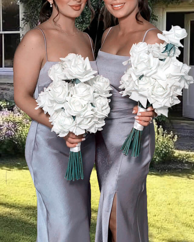 Long Silver Sheath Split Bridesmaid Dress