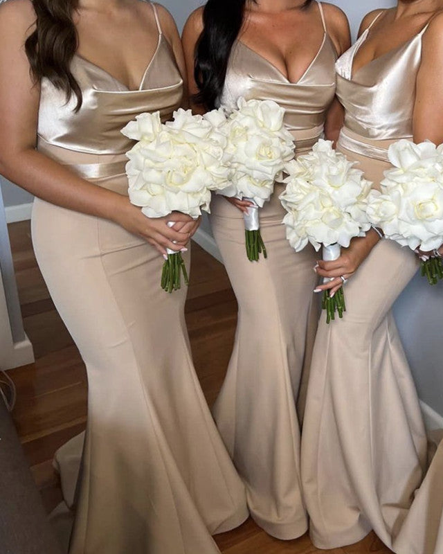 Mermaid Champagne Bridesmaid Dresses Cowl Neck