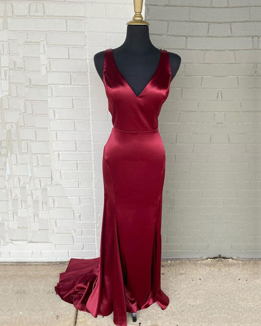 Burgundy Satin Bridesmaid Dresses V-neck