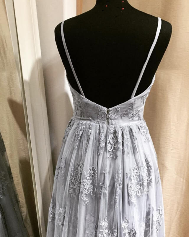 Long Silver Tulle Bridesmaid Dresses Lace Appliques
