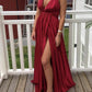 Sexy Plunging Neckline Satin Open Back Slit Dress