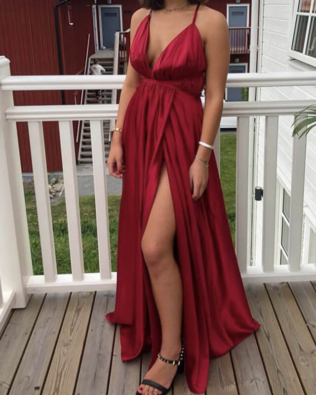 Sexy Plunging Neckline Satin Open Back Slit Dress