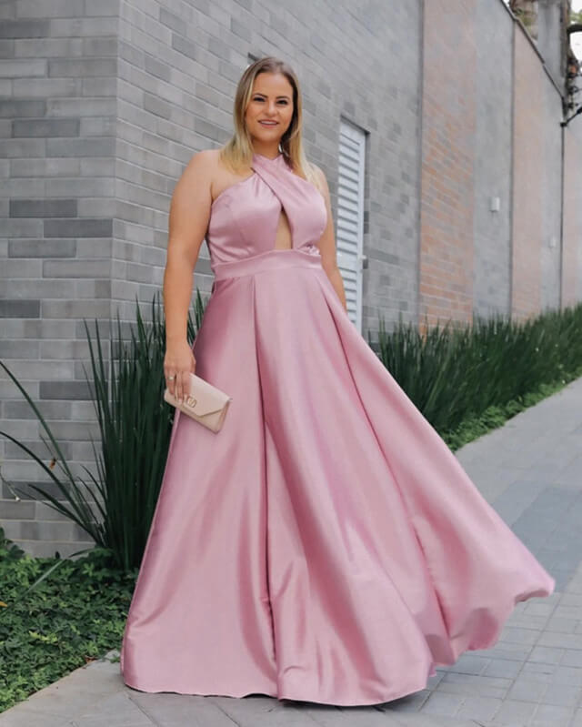 Pink Plus Size Halter Bridesmaid Dresses Satin