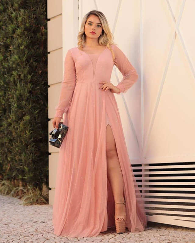 Blush Tulle Long Sleeve Plus Size Dress Bridesmaid – Lisposa