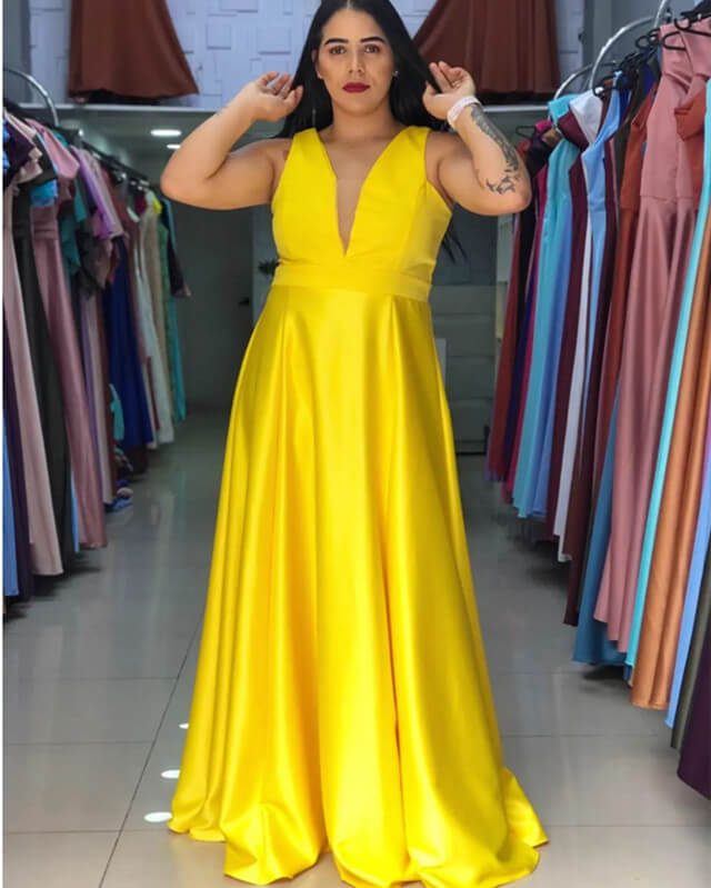 yellow satin dress plus size Plus Size Luciana Deep V-Neck Satin Dress