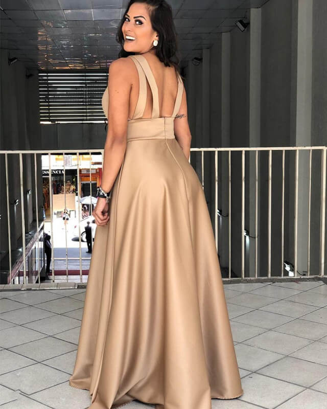 Plus Size Champagne Satin V-neck Bridesmaid Dresses
