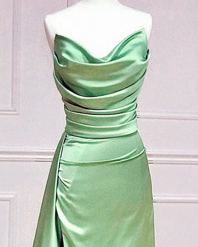 Long Sage Satin Cowl Neck Bridesmaid Dress