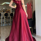 Long Burgundy Satin One Shoulder Slit Dress