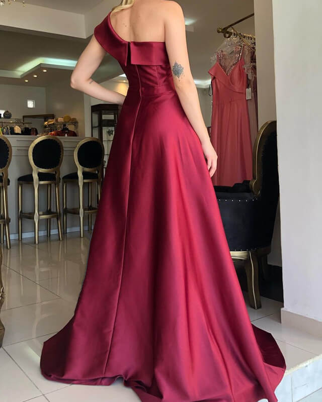 Long Burgundy Satin One Shoulder Slit Dress