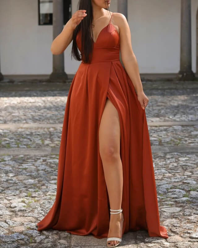 Satin V-Neck Burnt Orange Evening Dresses فساتين السهرة Long Pleated Sweep  Train Robe De Soiree Longue Party Gowns for Women