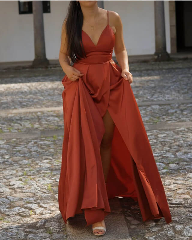 Long Burnt Orange Satin V Neck Slit Dress