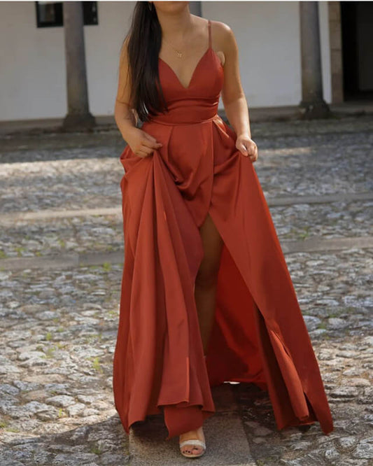 Long Burnt Orange Satin V Neck Slit Dress