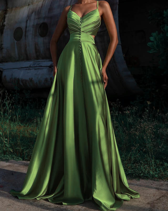 Long Sage Green V Neck Satin Empire Dress