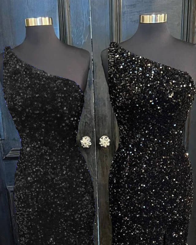Black Sequin One Shoulder Slit Dress