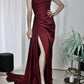 Long Grape Satin Slit Bridesmaid Dress