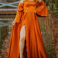 Long Burnt Orange Satin Bell Sleeve Bridesmaid Dresses