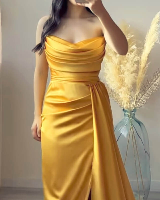 Mermaid Gold Strapless Slit Satin Dress