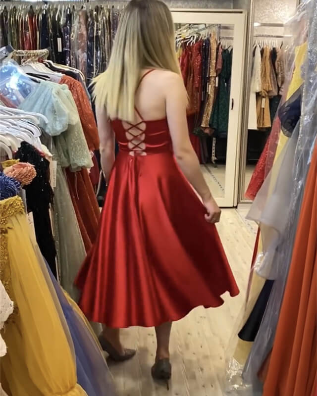 Red V-neck Satin Midi Corset Dress