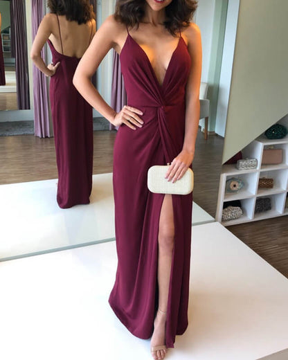 Burgundy Chiffon Sheath Split Dress – Lisposa