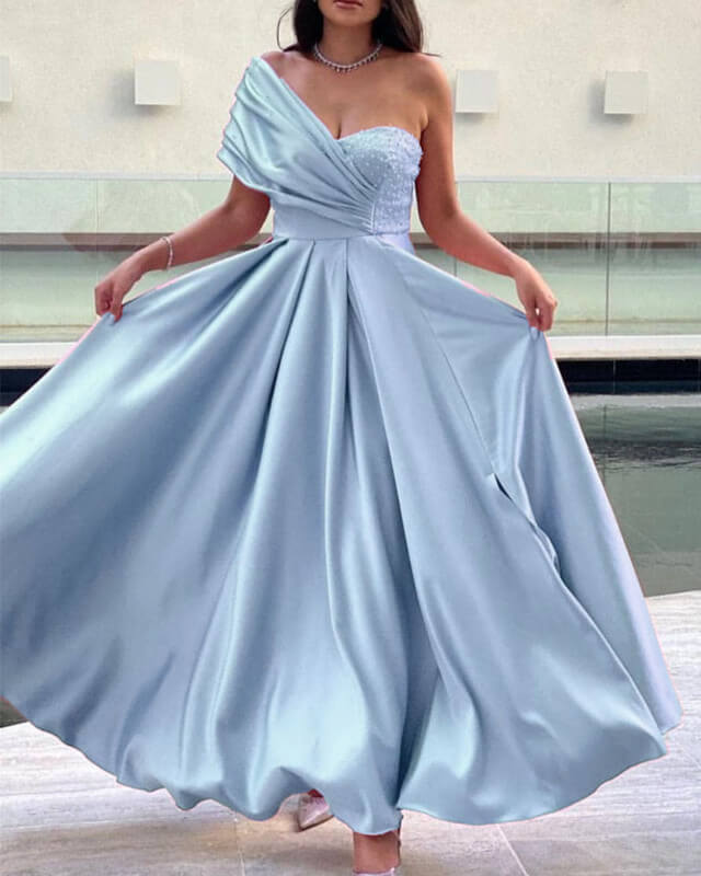 One Shoulder Ankle Length Satin Slit Dress Lisposa One Shoulder Ankle Length Satin Slit Dress Lisposa