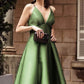 Olive Green Satin V Neck Floor Length Dress