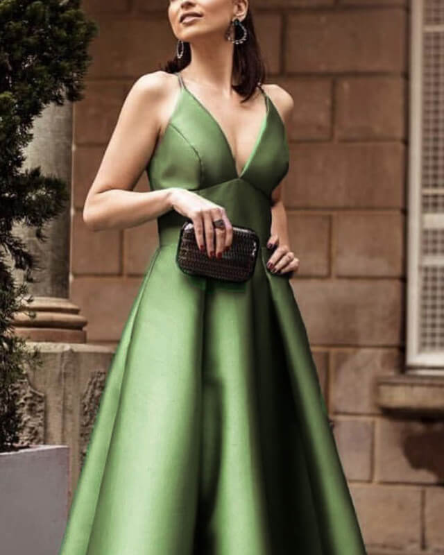 Olive Green Satin V Neck Floor Length Dress