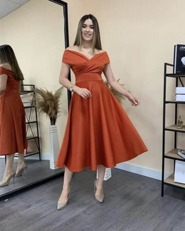 Orange Satin Off The Shoulder Tea Length Dress