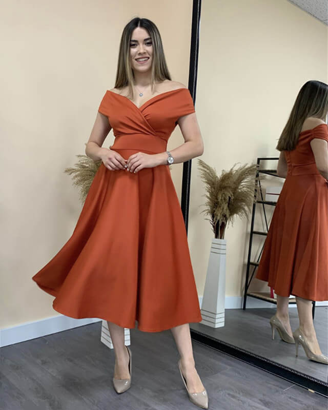 Orange Tea Length Bridesmaid Dress