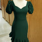 Short Puffy Sleeves Green Sheath Party Dress