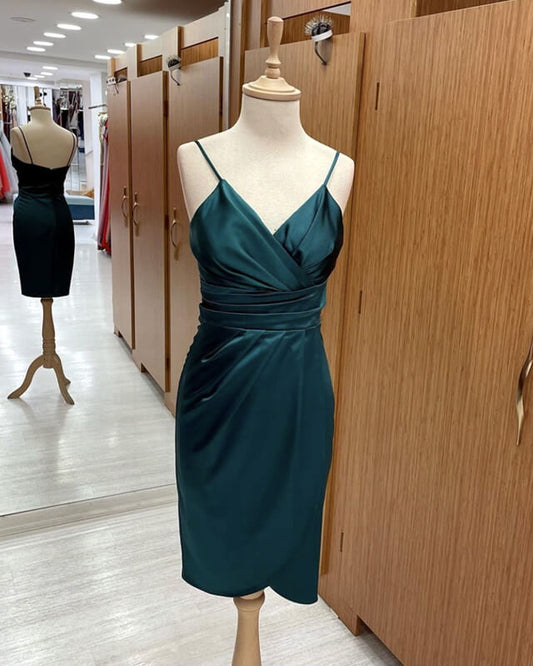 Teal Satin V Neck Sheath Midi Dress