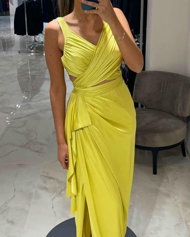 Lemon Yellow Sheath Slit Dress