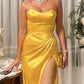 Golden Strapless Slit Satin Dress