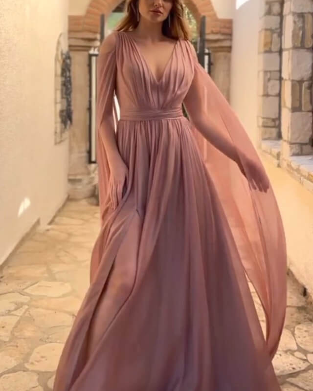 Dusty Rose Chiffon Cape Sleeve Dress