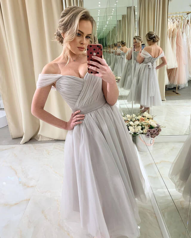 Silver Tulle Bridesmaid Dress Tea Length