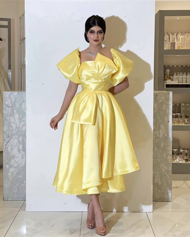 Yellow Puffy Sleeve Midi Satin Dress