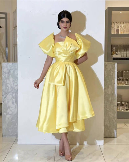 Yellow Puffy Sleeve Midi Satin Dress