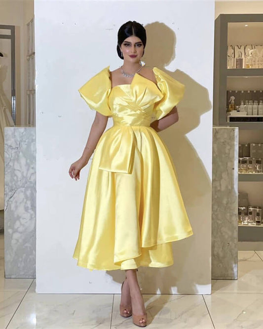 Yellow Puffy Sleeve Midi Satin Dress