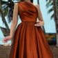Burnt Orange One Shoulder Tea Length Satin Dress