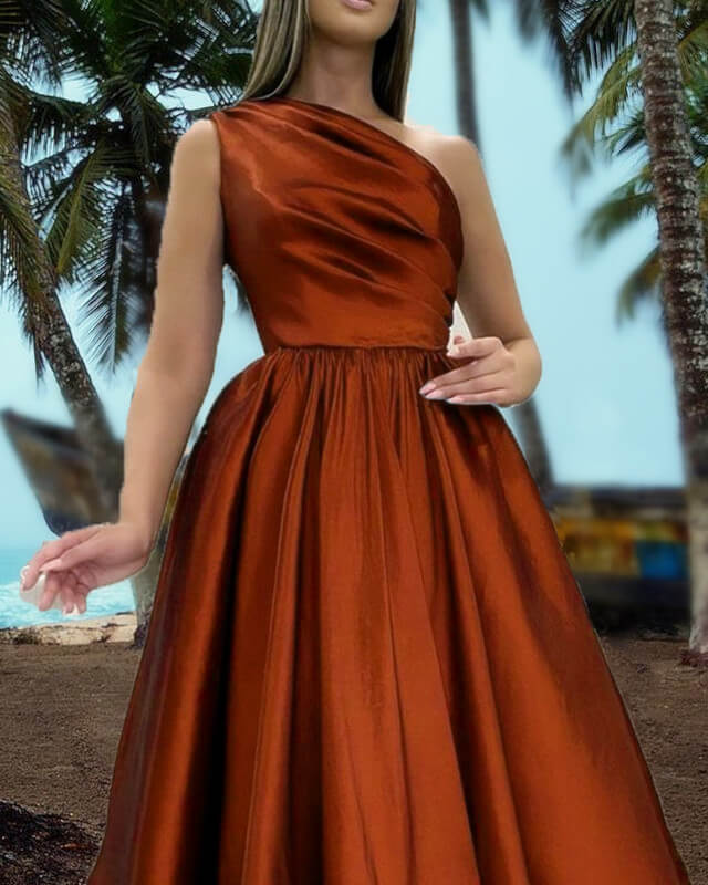 Burnt Orange One Shoulder Tea Length Satin Dress