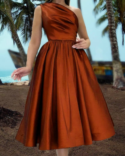 Burnt Orange One Shoulder Tea Length Satin Dress Lisposa Burnt Orange One Shoulder Tea Length Satin Dress Lisposa