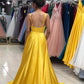 Yellow Gold Satin Plunge Neck Split Dress