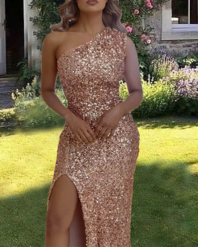 Rose Gold Sequin One Shoulder Dress – Lisposa