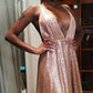 Long Rose Gold Sequin Plunging Dress