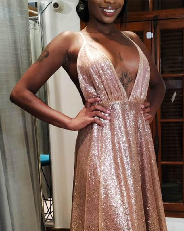 Long Rose Gold Sequin Plunging Dress