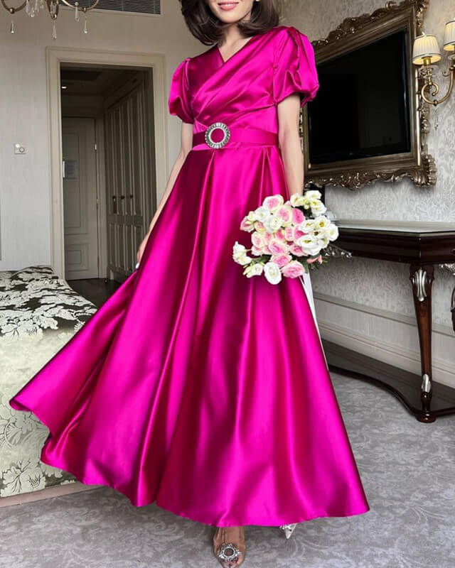 Modest Fuchsia Satin Cap Sleeves Bridesmaid Dress