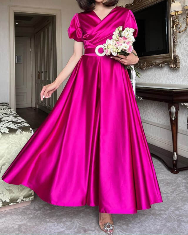 Modest Fuchsia Satin Cap Sleeves Bridesmaid Dress