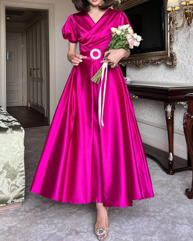 Modest Fuchsia Satin Cap Sleeves Bridesmaid Dress