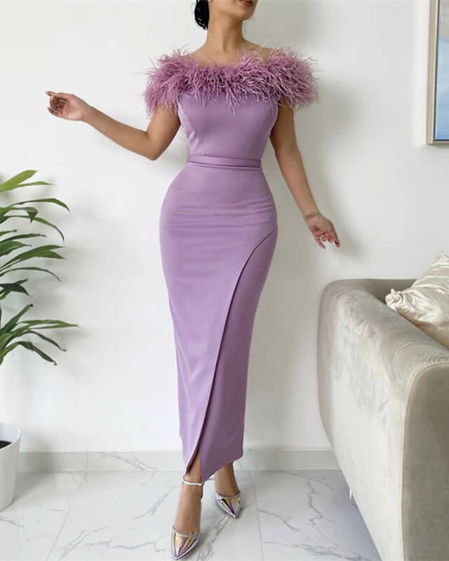 Midi Sheath Bridesmaid Dresses With Feathers