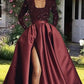 Burgundy Sequin Long Sleeve Satin Bridesmaid Dresses With Slit